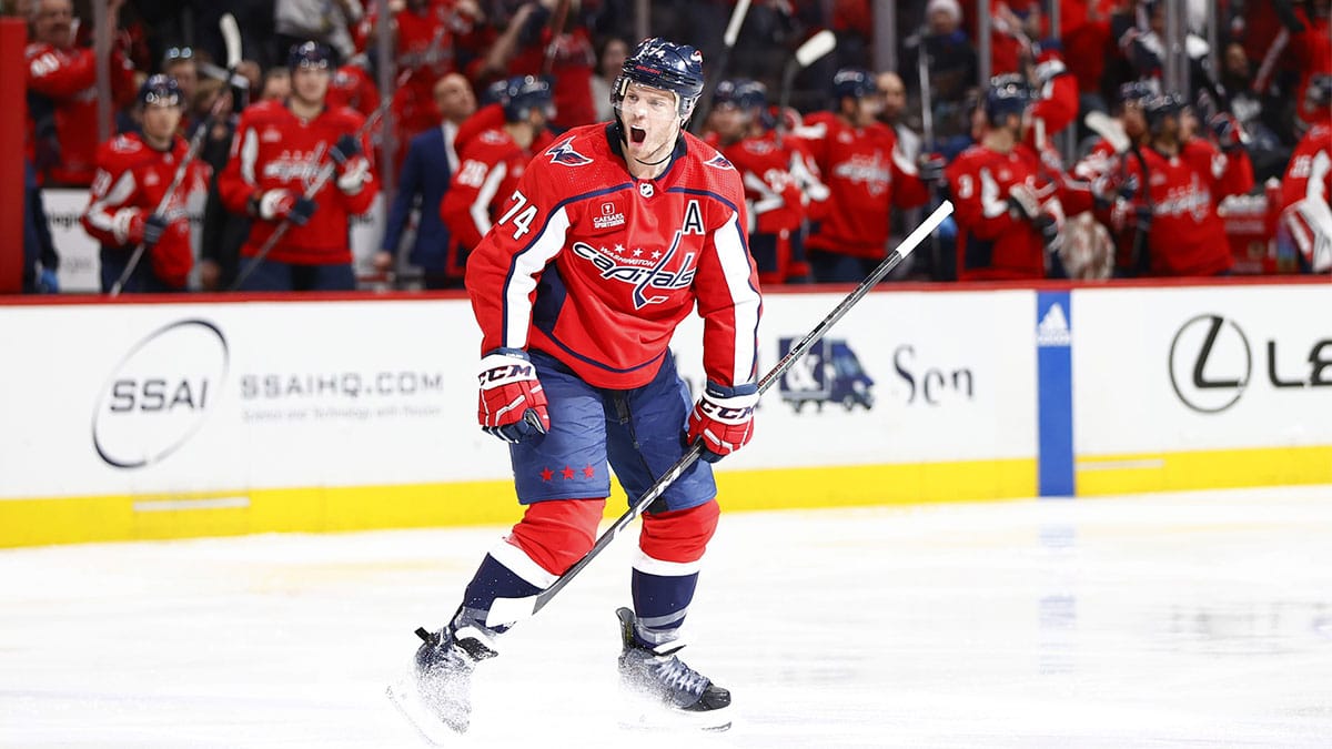 Washington Capitals defenseman John Carlson (74) celebrates after scoring a goal against the Winnipeg Jets during the third period at Capital One Arena.
