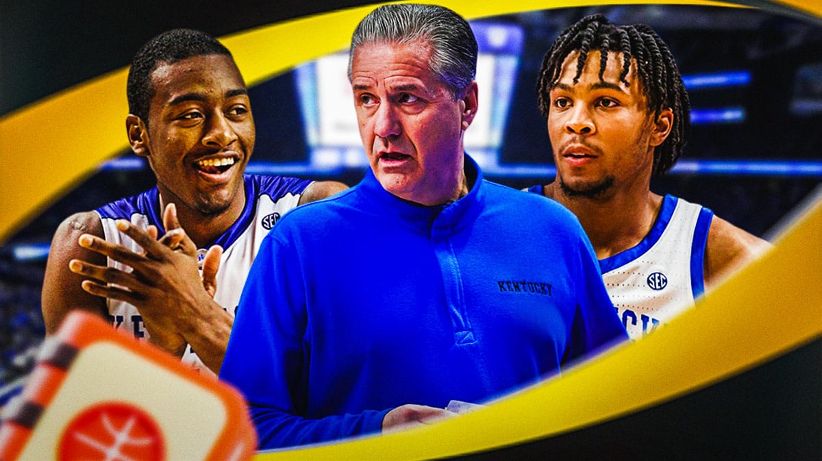 Kentucky basketball, Wildcats, John Calipari, John Wall, DJ Wagner, John Wall, John Calipari and DJ Wagner (in Kentucky uni) with Kentucky basketball arena in the background