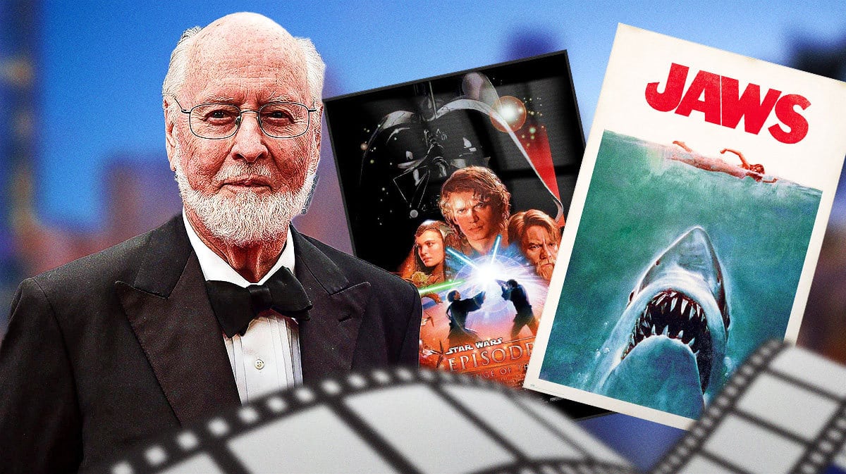 John Williams, and movie posters for some of the films he’s scored, like Star Wars and Jaws