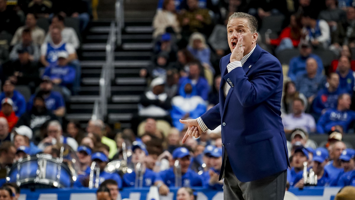  Kentucky Wildcats head coach John Calipari reacts to a play in the first round of the 2024 NCAA Tournament at PPG Paints Arena.
