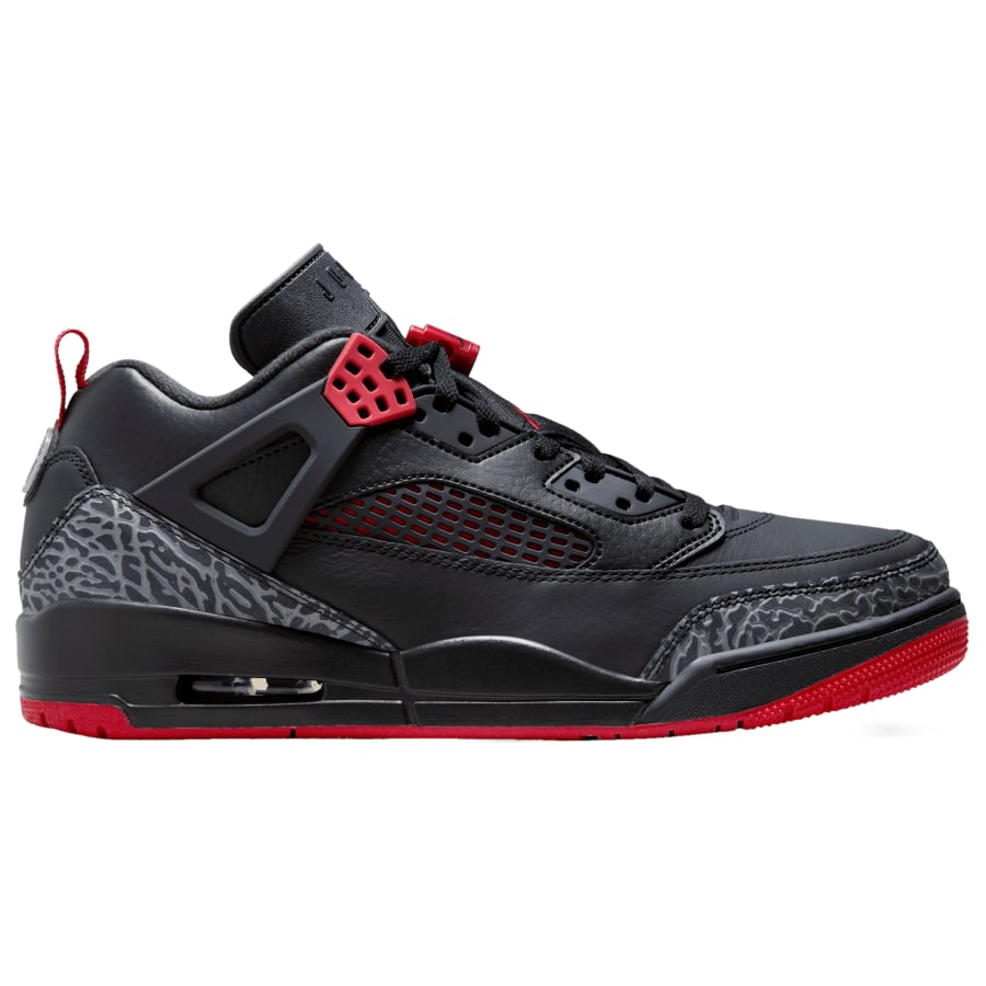 Jordan Spizike Low - Cool Grey/Gym Red/Black colorway on a white background.