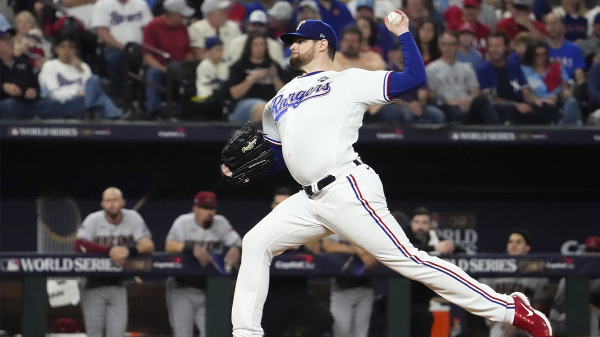 Texas Rangers starting pitcher Jordan Montgomery (52) throws a pitch against the Arizona Diamondbacks during the first inning in game two of the 2023 World Series at Globe Life Field on Oct. 28, 2023, Arlington, Texas.