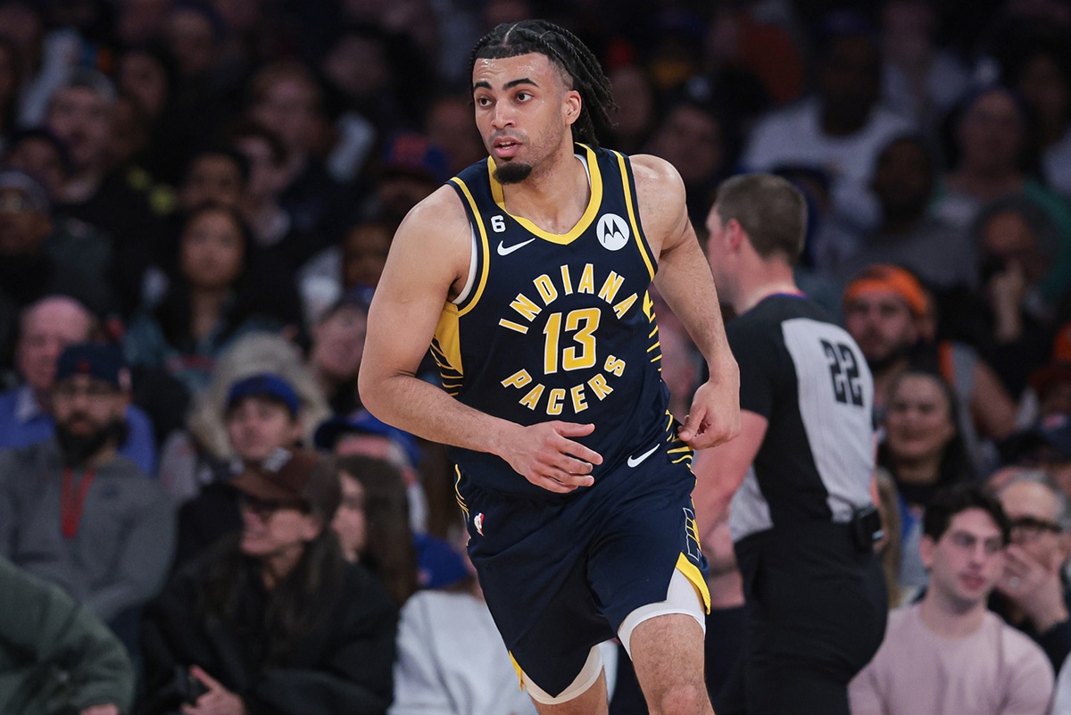  Indiana Pacers forward Jordan Nwora (13) runs up court after a basket against the New York Knicks during the second half at Madison Square Garden. 
