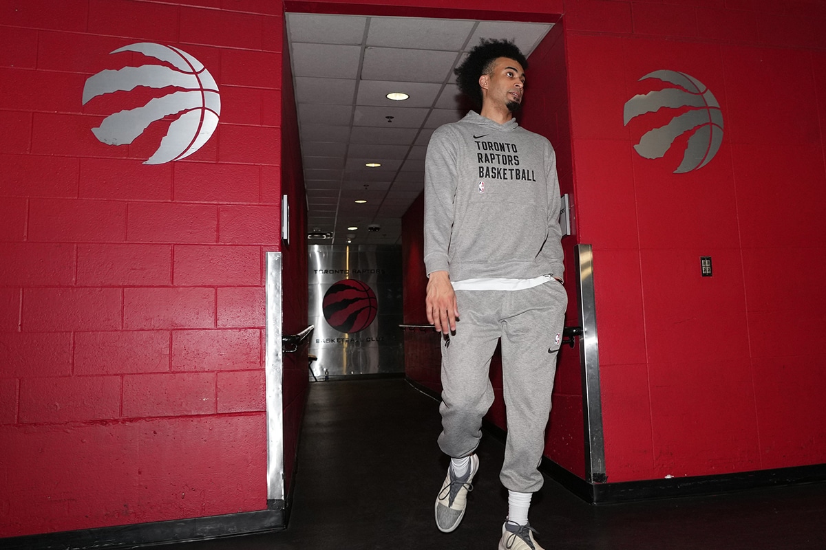 Toronto Raptors forward Jordan Nwora (13) walks out to the court for warmup before a game against the Memphis Grizzlies at Scotiabank Arena.