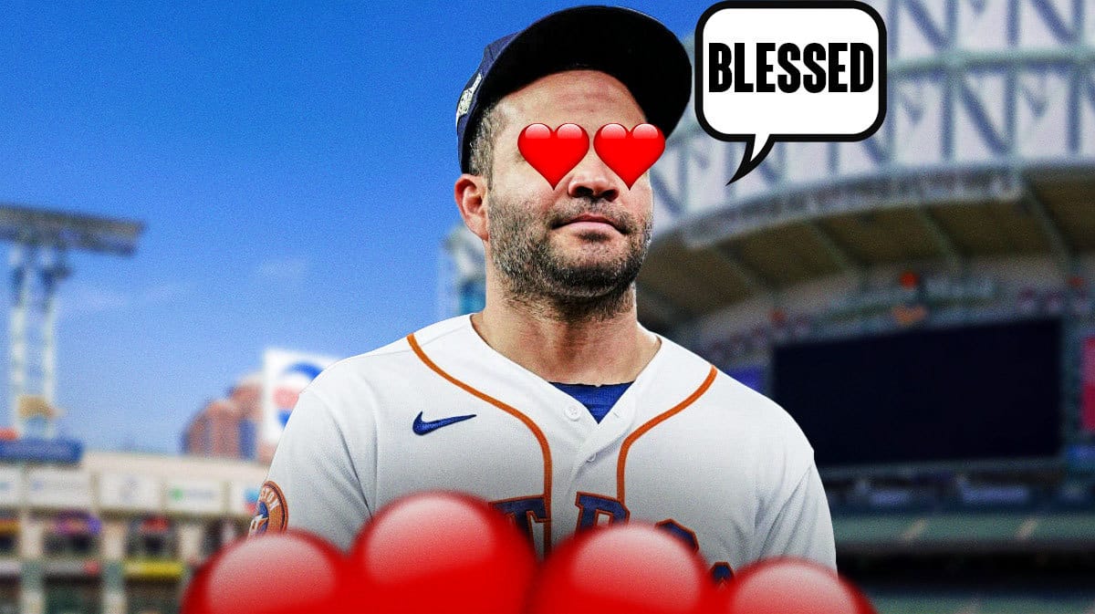 Photo: Jose Altuve saying “Blessed” with heart eyes in Astros jersey, Minute Maid Park in the background