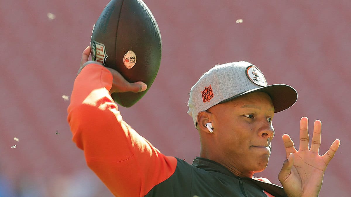 Browns quarterback Josh Dobbs warms up before playing the Los Angeles Chargers on Sunday, Oct. 9, 2022 in Cleveland.