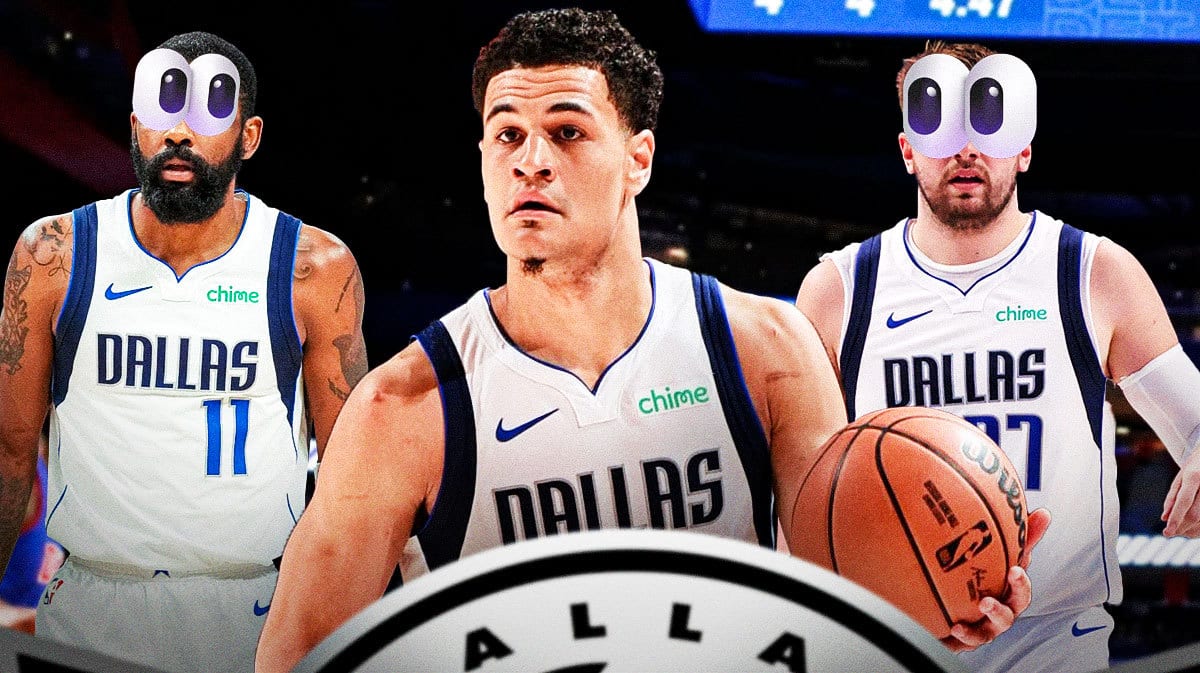 Mavericks' Kyrie Irving and Luka Doncic looking at Josh Green
