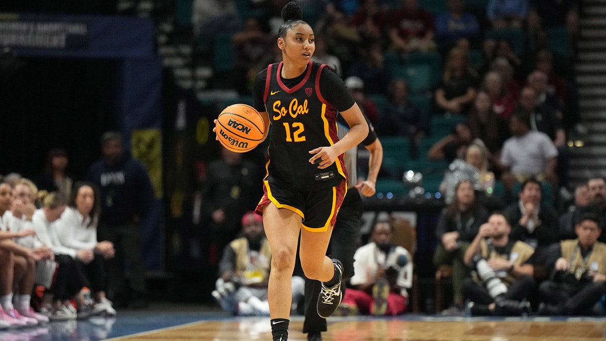  Southern California Trojans guard JuJu Watkins (12) dribbles the ball against the Stanford Cardinal in the second half of the Pac-12 Tournament women's championship game