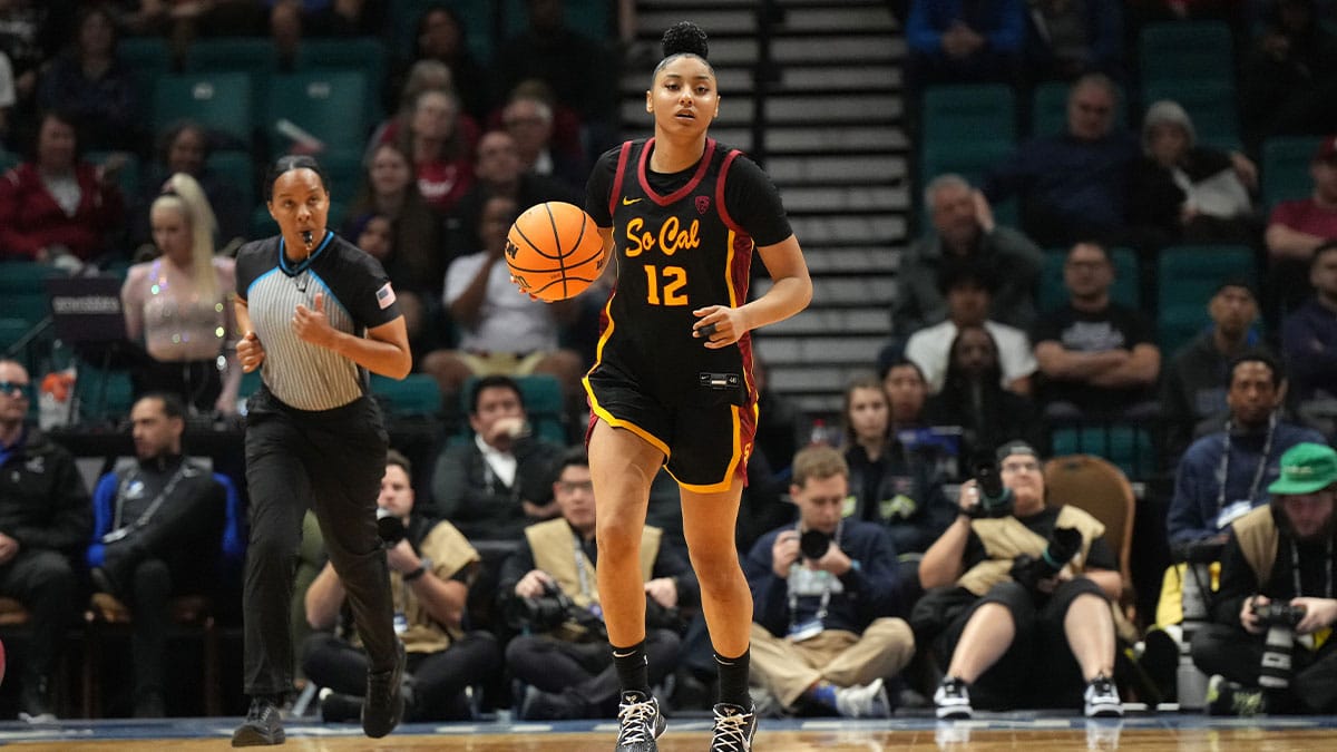 Southern California Trojans guard JuJu Watkins (12) dribbles the ball against the Stanford Cardinal in the second half of the Pac-12 Tournament women's championship game at MGM Grand Garden Arena. 