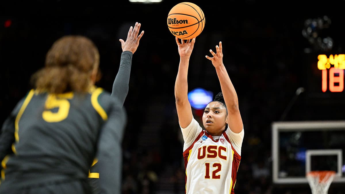 USC Trojans guard JuJu Watkins (12) shoots a jump shot during the second half against Baylor Lady Bears guard Darianna Littlepage-Buggs (5) in the semifinals of the Portland Regional of the 2024 NCAA Tournament at the Moda Center.