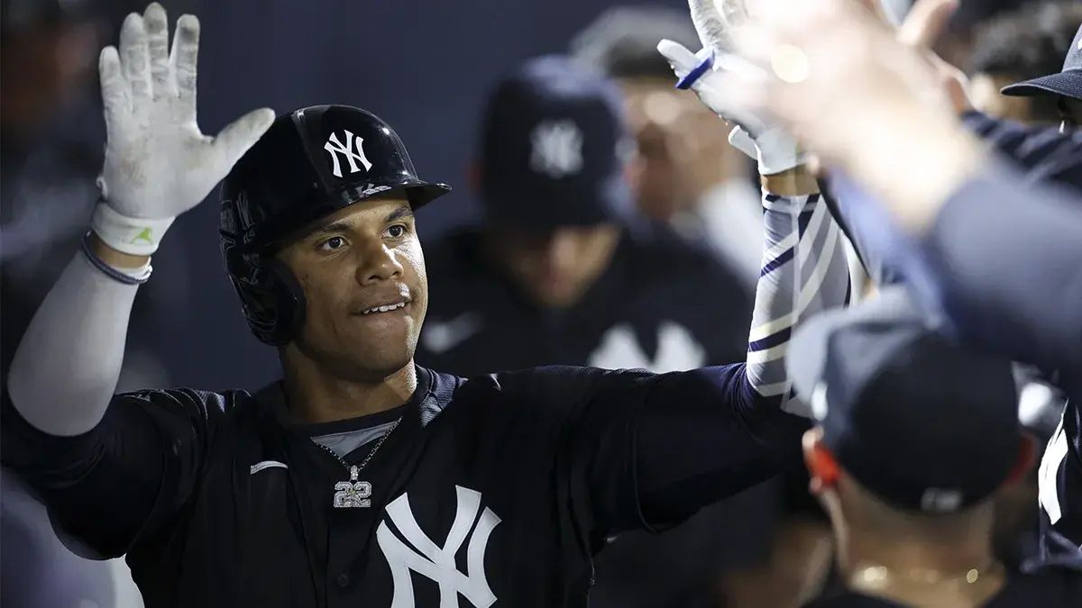 New York Yankees right fielder Juan Soto (22) celebrates after hitting a home run against the Toronto Blue Jays in the fourth inning at George M. Steinbrenner Field.