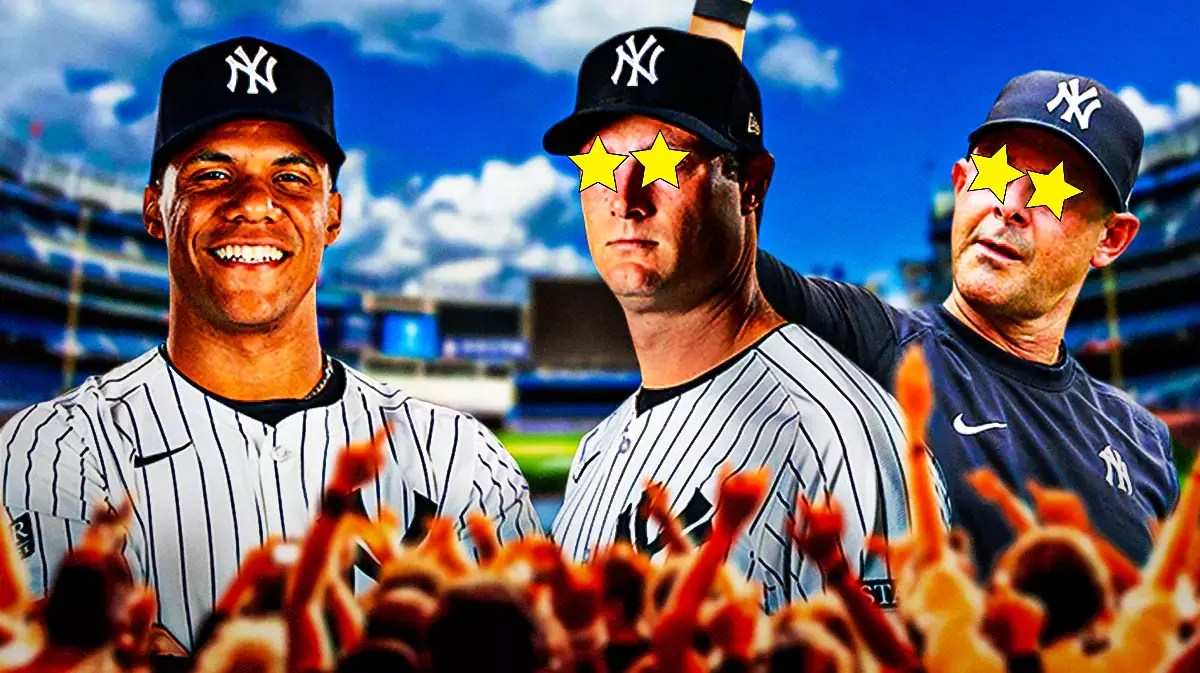 Juan Soto on one side on fire, Gerrit Cole and Aaron Boone on the other side with stars in their eyes