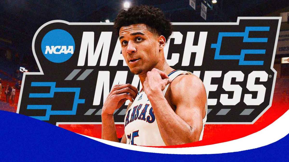 Kansas basketball, Jayhawks, Bill Self, Kevin McCullar Jr., Kevin McCullar Jr. injury, Kevin McCullar Jr. looking upset and march madness logo with Kansas basketball arena in the background