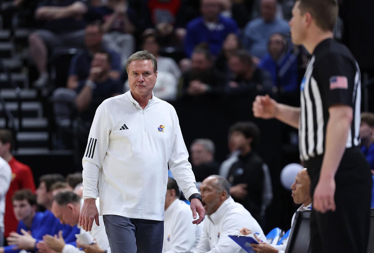 Kansas Jayhawks head coach Bill Self during the second half in the first round of the 2024 NCAA Tournament against the Samford Bulldogs at Vivint Smart Home Arena-Delta Center. 