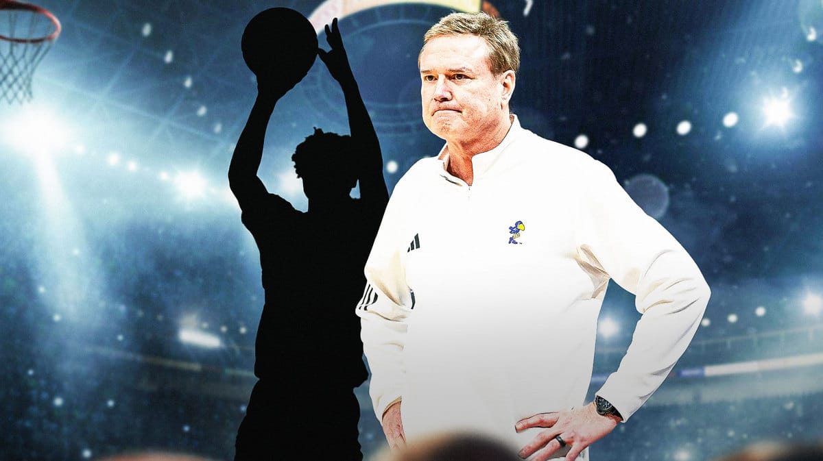 Silhouettte of Zeke Mayo in shooting form with Bill Self (Kansas Baskeball head coach) with woke eyes