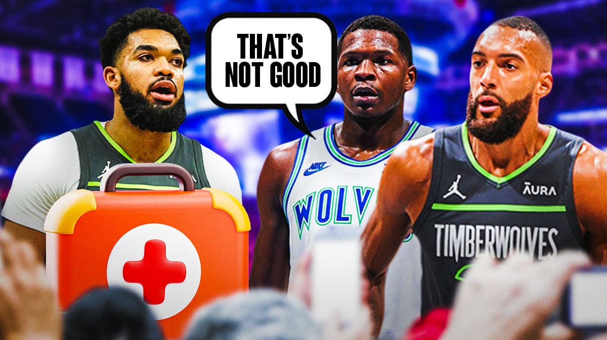 Karl-Anthony Towns on one side with an injury kit in front of him, Anthony Edwards and Rudy Gobert on the other side with a speech bubble that says “That’s not good”