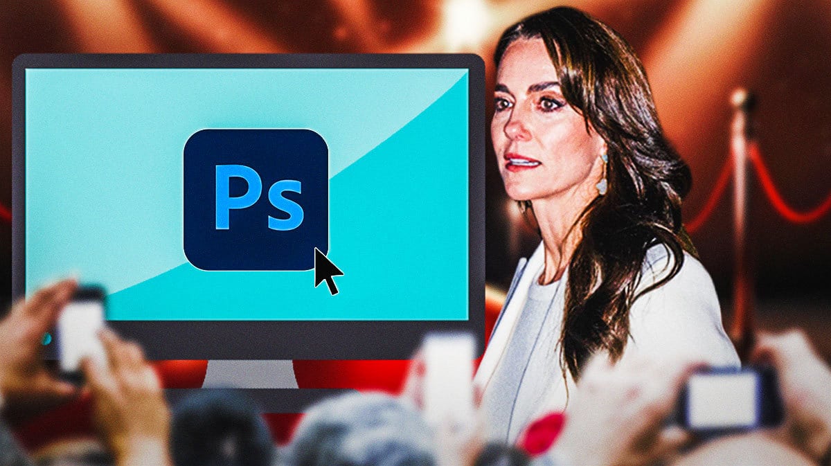 Princess Catherine, aka Kate Middleton, clicking on the PhotoShop app on a computer