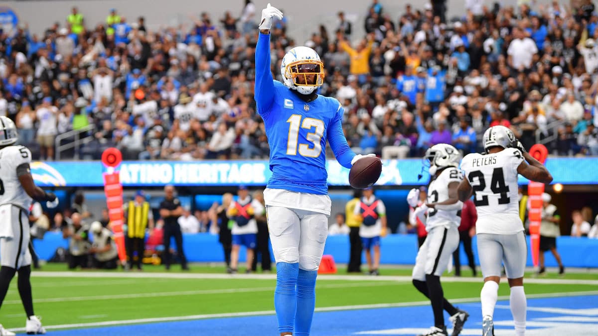 Los Angeles Chargers wide receiver Keenan Allen (13) celebrates his touchdown scored against the Las Vegas Raiders during the first half at SoFi Stadium.
