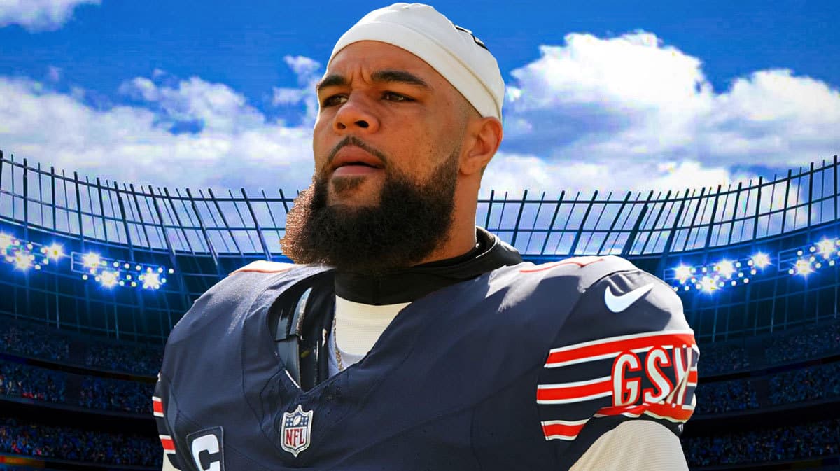 New Chicago Bears star Keenan Allen in front of Soldier Field.