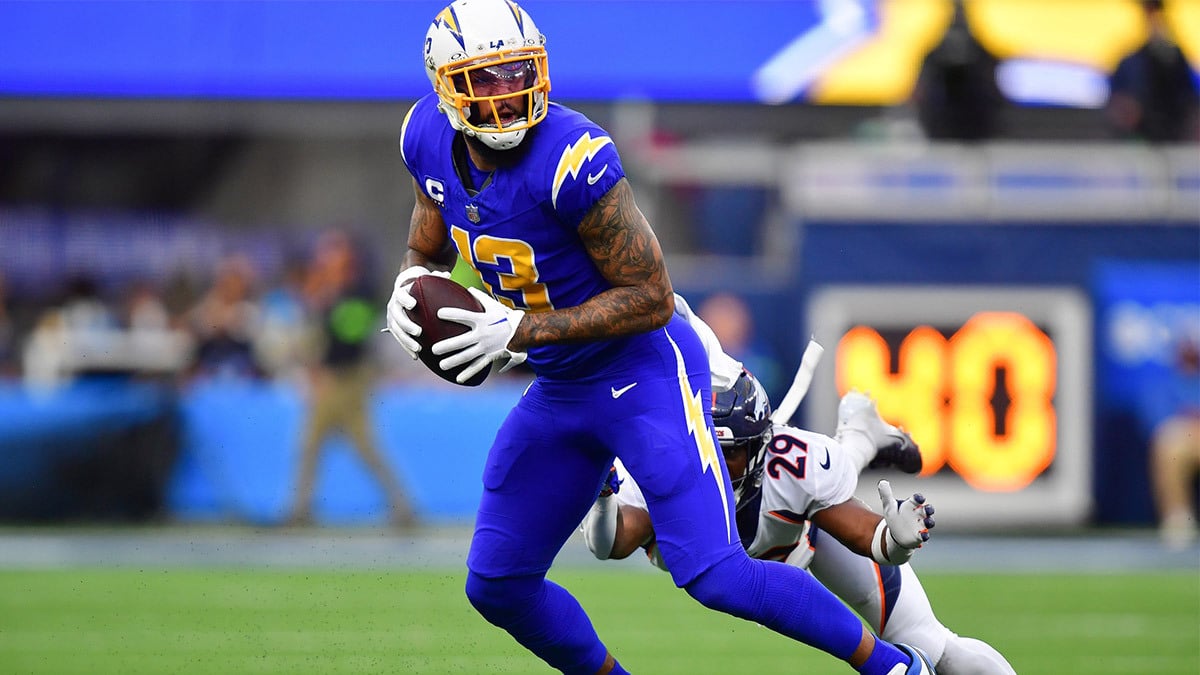 Keenan Allen running with the football on the Los Angeles Chargers before becoming a free agent during the NFL offseason