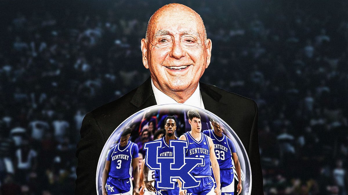 Dick Vitale with crystal ball that has the Kentucky basketball Wildcats) inside it
