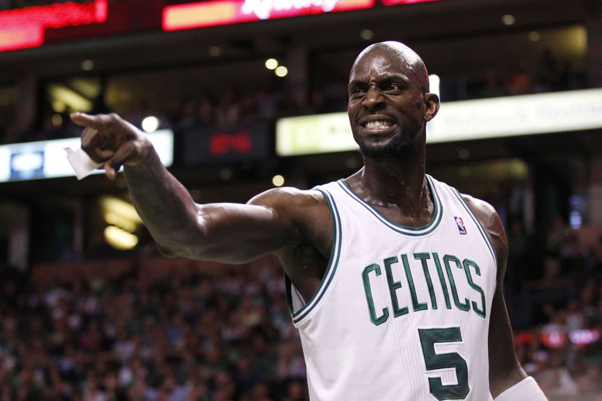 Boston Celtics power forward Kevin Garnett (5) reacts during the first half against the Miami Heat in game four of the Eastern Conference finals of the 2012 NBA playoffs at TD Garden.