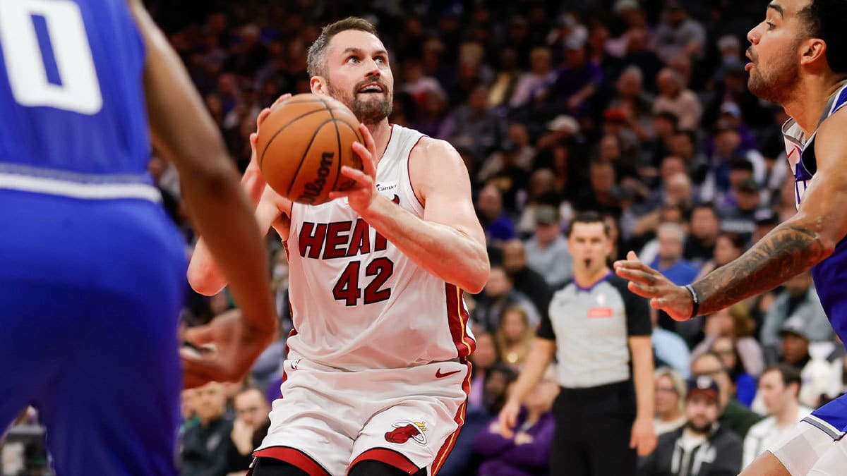 Miami Heat forward Kevin Love (42) looks to shoot the ball against Sacramento Kings forward Trey Lyles (41) during the second quarter at Golden 1 Center.