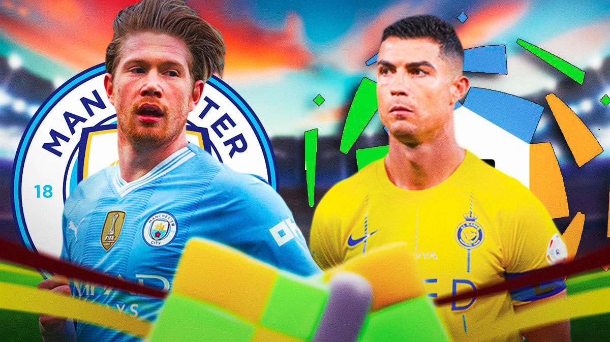 Kevin de Bruyne in the middle, Cristiano Ronaldo looking at him from the side, the Manchester City and Saudi Pro League logos at the back