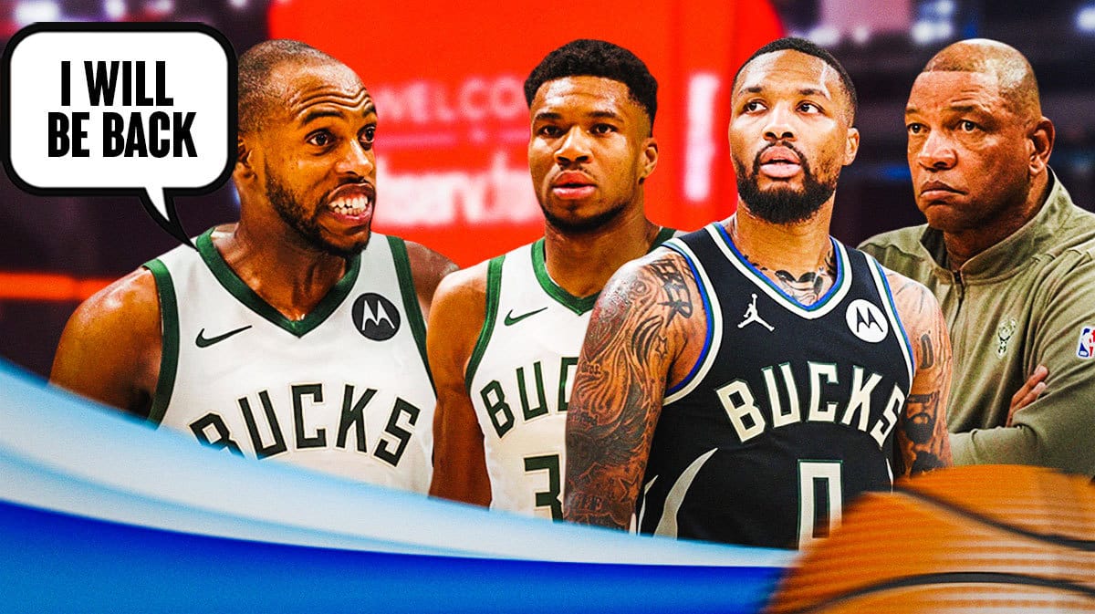 Khris Middleton saying "I will be back" next to Giannis Antetokounmpo, Damian Lillard, and Doc Rivers