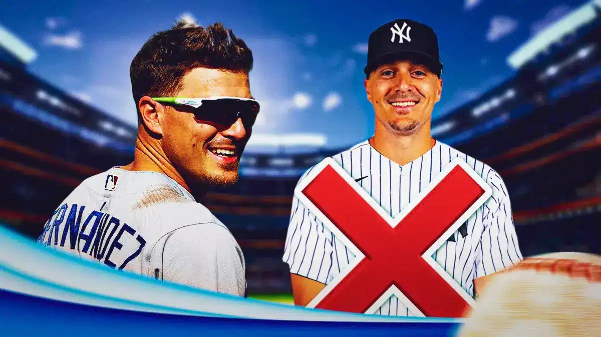 Photo: Kike Hernandez smiling in Dodgers jersey, also put him in Yankees jersey with an X through him