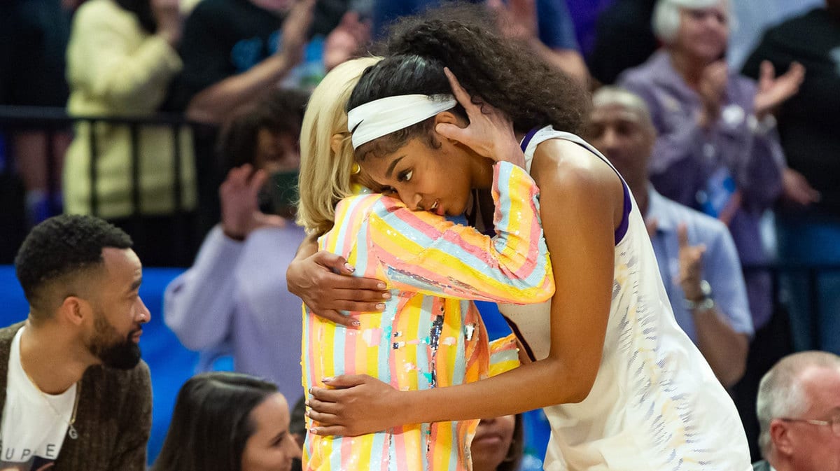 LSU Tigers Head Coach Kim Mulkey and Angel Reese hug as the Tigers defeat the Middle Tennessee Blue Raiders in the second round of the 2024 NCAA Tournament in Baton Rouge at the Pete Maravich Assembly Center