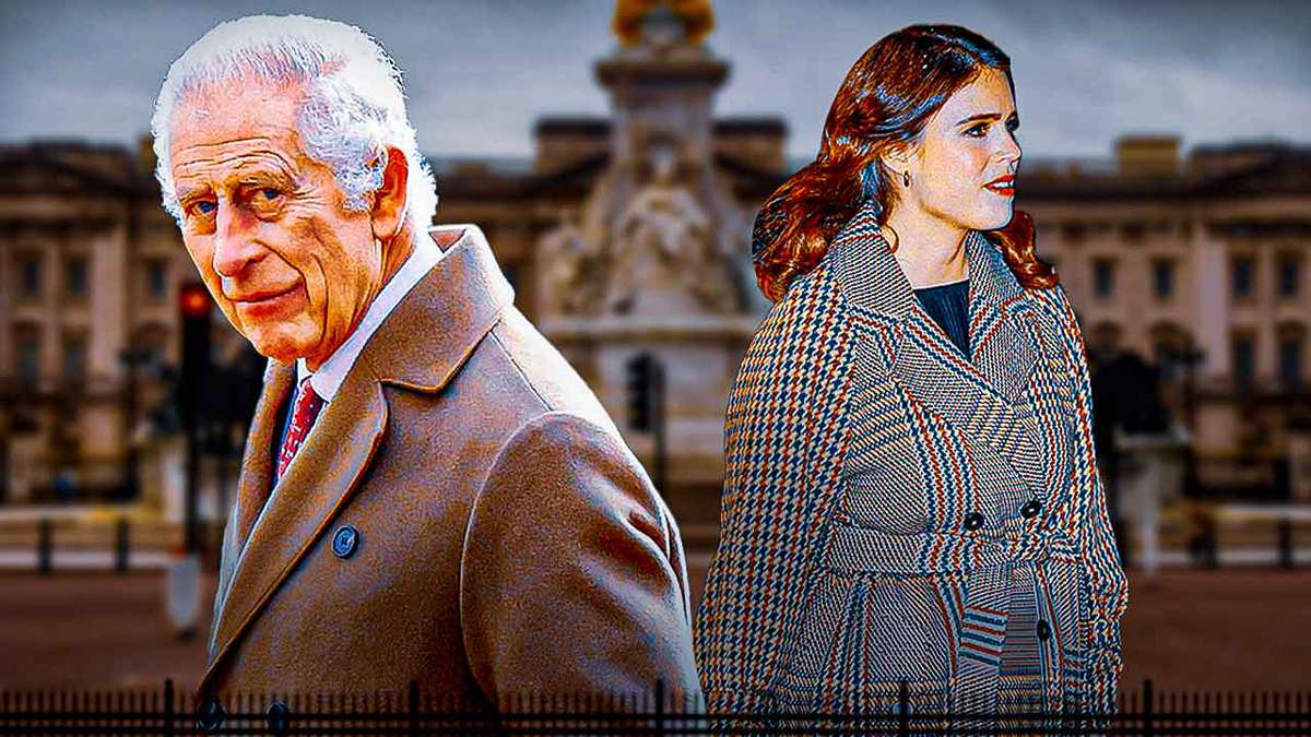King Charles and Princess Eugenie with a palace behind them