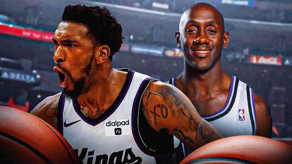 Kings' Malik Monk hyped up, with Bobby Jackson (2001-02 version) smiling at Monk
