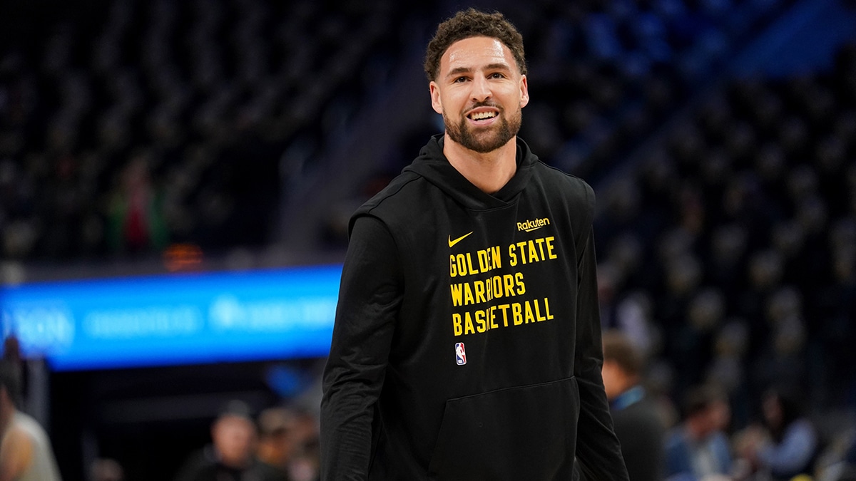 Golden State Warriors guard Klay Thompson (11) stands on the court before the start of the game against the Milwaukee Bucks at the Chase Center.