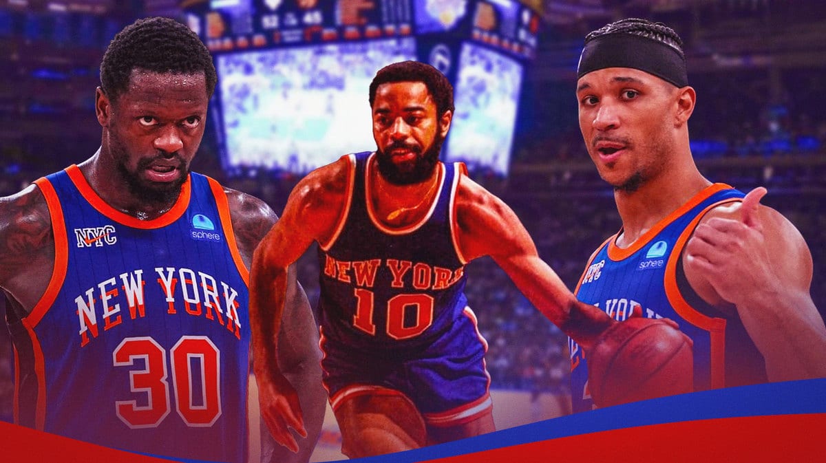 Knicks' Josh Hart, Julius Randle, and Walt Frazier (1971) hyped up