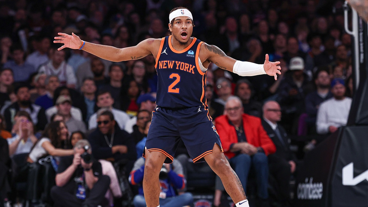 New York Knicks guard Miles McBride (2) reacts after a basket against the Philadelphia 76ers during the second half at Madison Square Garden.
