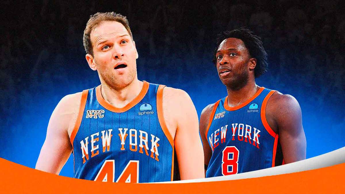 Bojan Bogdanovic shouting and OG Anunoby smiling both in Knicks uniforms.