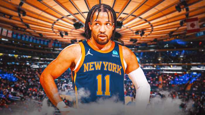 Jalen Brunson with the Knicks arena in the background