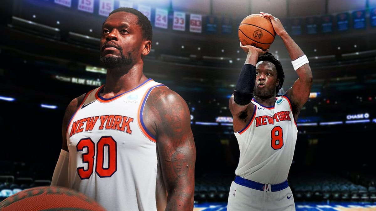 Knicks' Julius Randle on left looking serious. Knicks' OG Anunoby on right shooting a basketball.