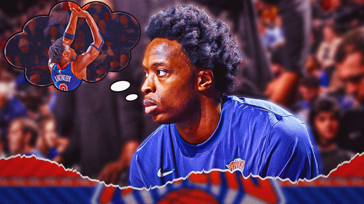Knicks' OG Anunoby sitting on an NBA sideline. Give him a thought bubble. In the bubble, need Knicks' OG Anunoby shooting a basketball.