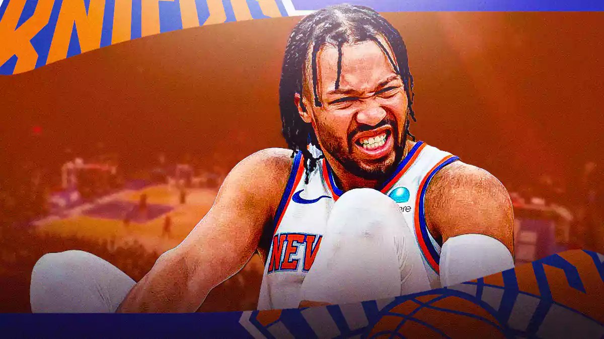 Jalen Brunson with the Knicks arena in the background, injury
