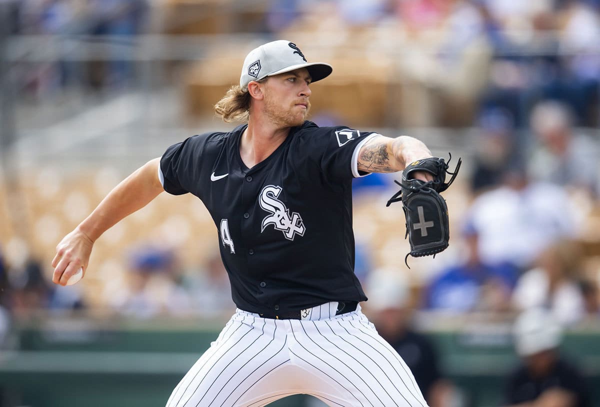 Chicago White Sox pitcher Michael Kopech against the Los Angeles Dodgers during a spring training baseball game at Camelback Ranch-Glendale