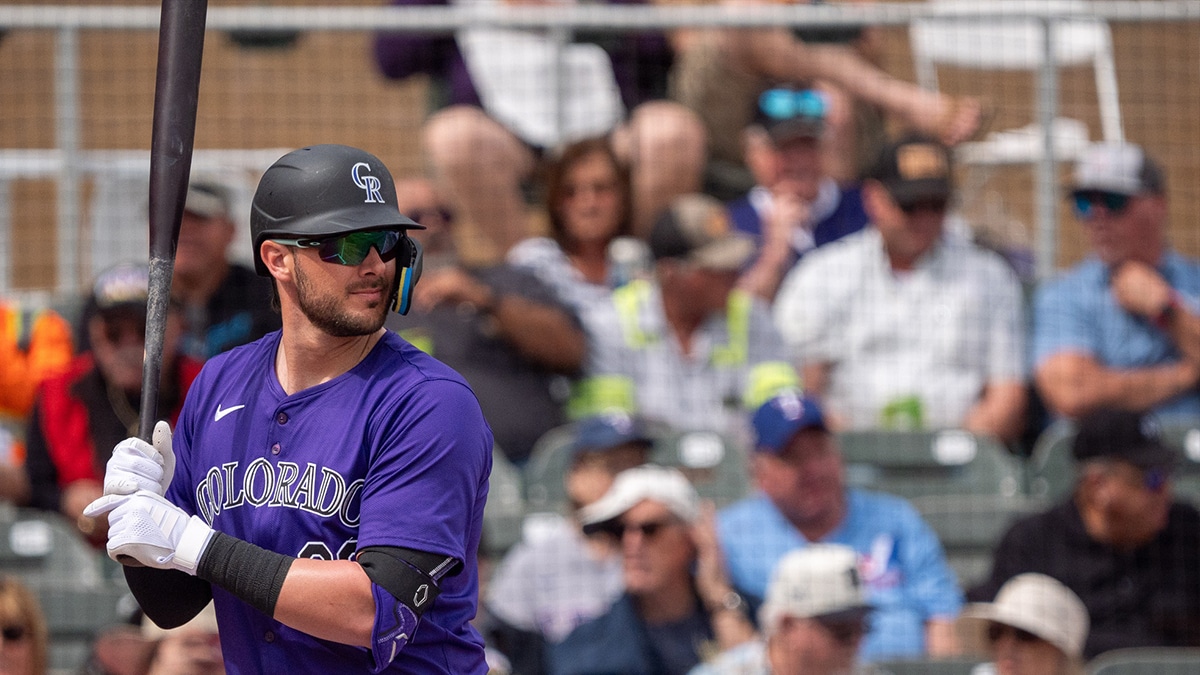 Colorado Rockies outfielder Kris Bryant (23) at bat in the first during a spring training game against the Texas Rangers at Salt River Fields at Talking Stick.