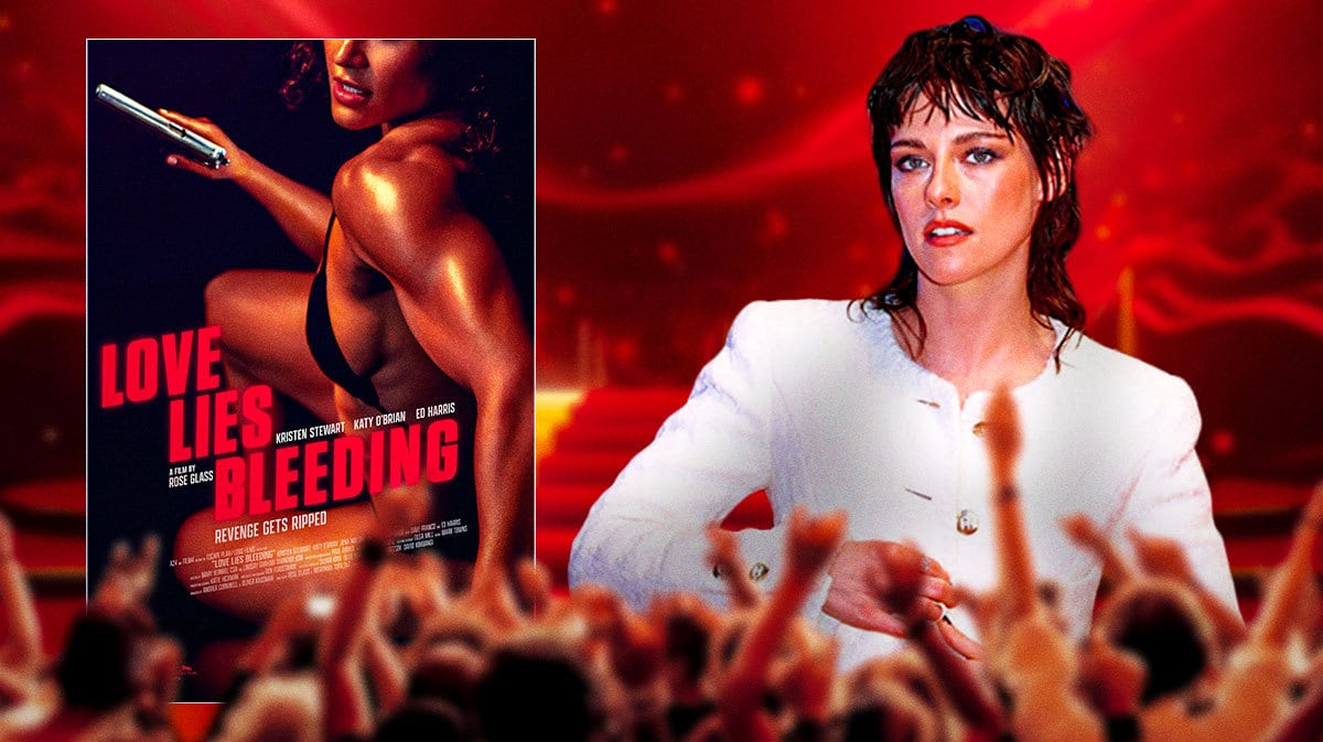 Love Lies Bleeding poster and Kristen Stewart on red carpet.