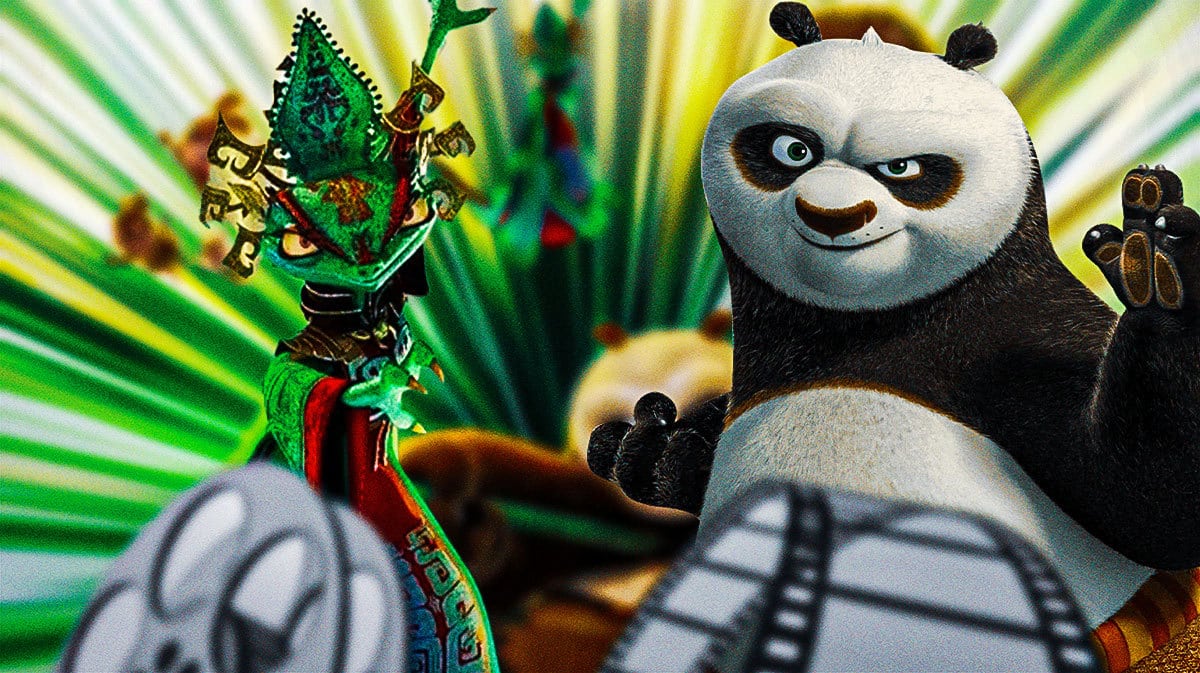 The Chameleon and Po in front of Kung Fu Panda 4 poster.