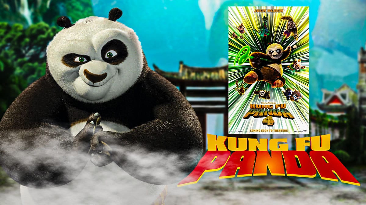 Po with Kung Fu Panda 4 poster and logo.