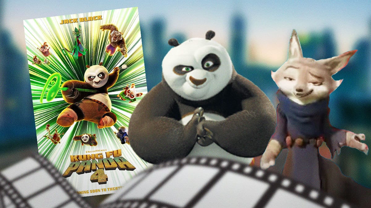 Kung Fu Panda 4 with Po (Jack Black) and Zhen (Awkwafina).