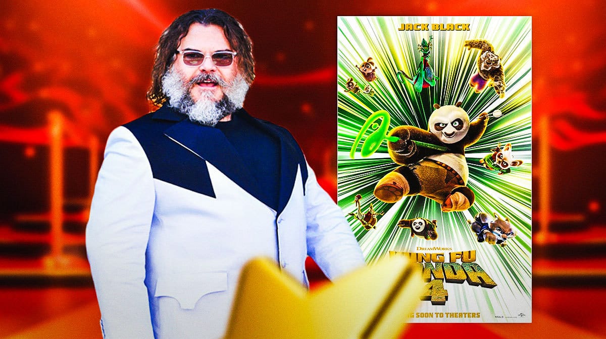 Jack Black with poster of Kung Fu Panda 4.