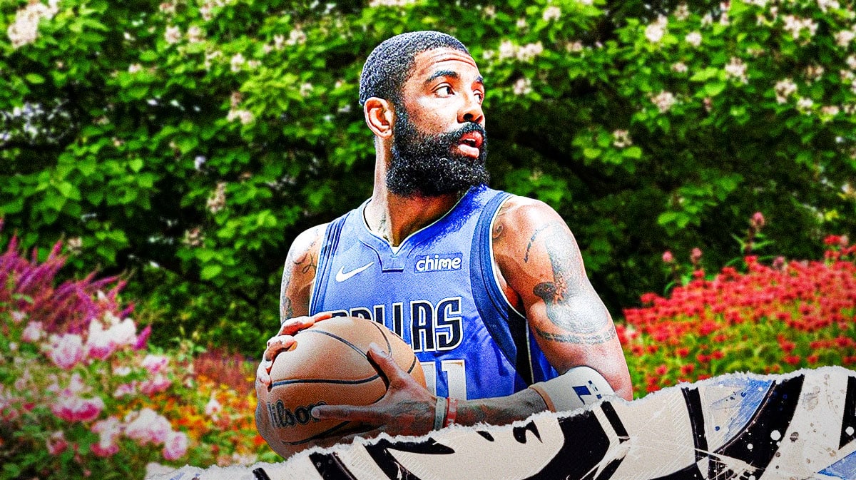 Mavericks guard Kyrie Irving, with flowers behind him.