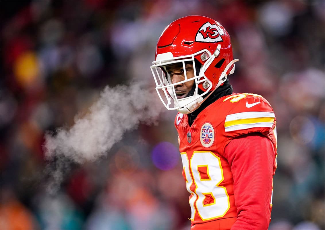 Kansas City Chiefs cornerback L'Jarius Sneed (38) reacts after a play during the first half of a 2024 AFC wild card game against the Miami Dolphins at GEHA Field at Arrowhead Stadium.
